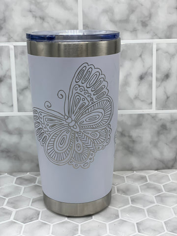 20 Ounce White Beverage Tumbler with Hand Engraved Wrap Around Butterfly Image