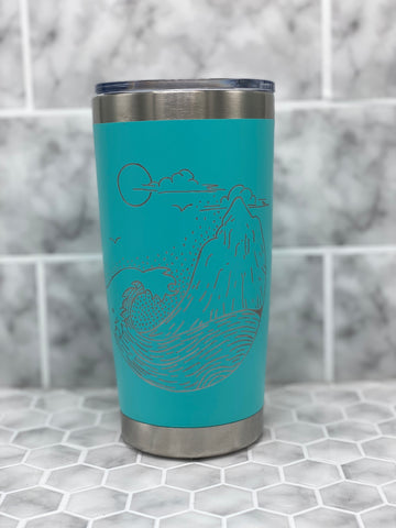20 Ounce Aqua Beverage Tumbler with Hand Engraved Wave Image