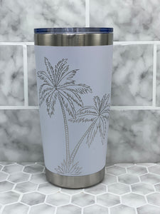 Copy of 20 Ounce White Beverage Tumbler with Hand Engraved Palm Tree Image