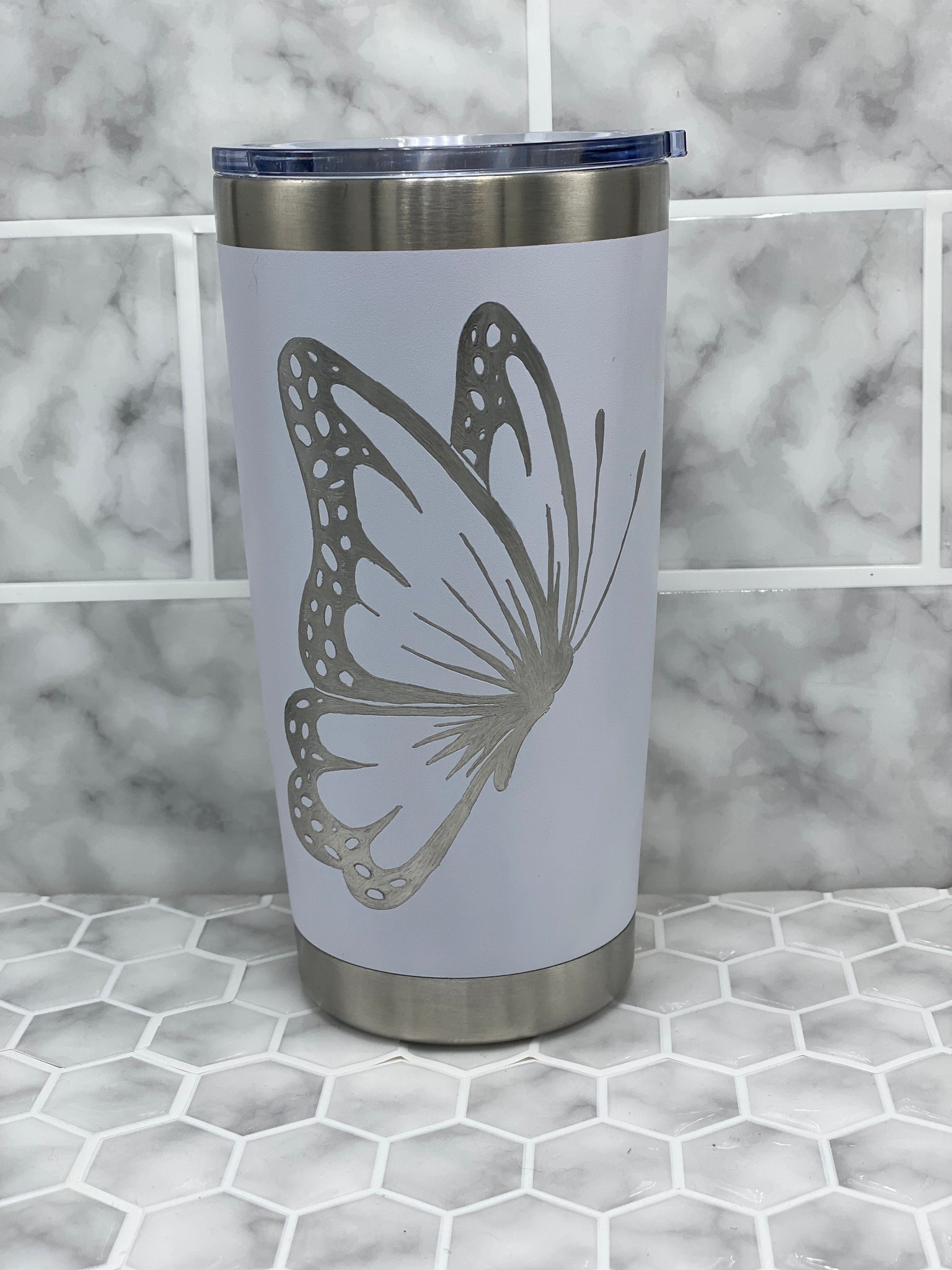 20 Ounce White Beverage Tumbler with Hand Engraved Butterfly Image