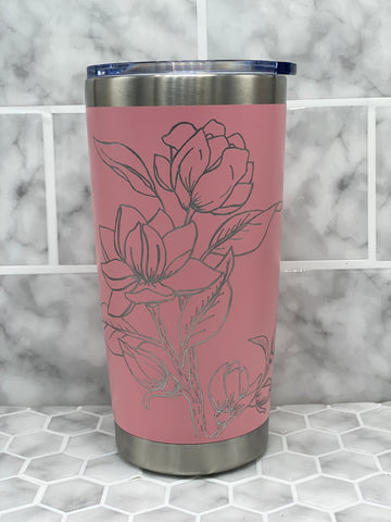 20 Ounce Pink Beverage Tumbler with Hand Engraved Magnolia Image