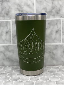 20 Ounce Beverage Tumbler with Hand Engraved Campsite Image - Multiple Color Options Available