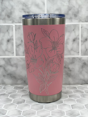 20 Ounce Pink Beverage Tumbler with Hand Engraved Lily Image