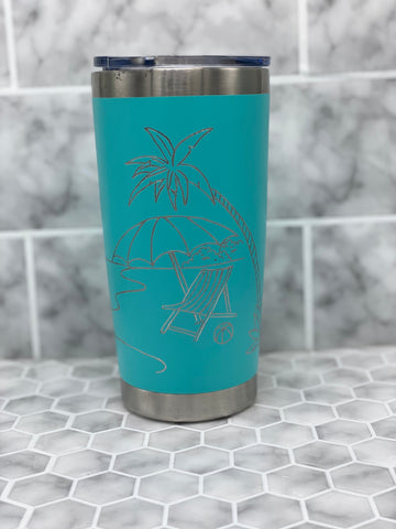 20 Ounce Aqua Beverage Tumbler with Hand Engraved Beach Image