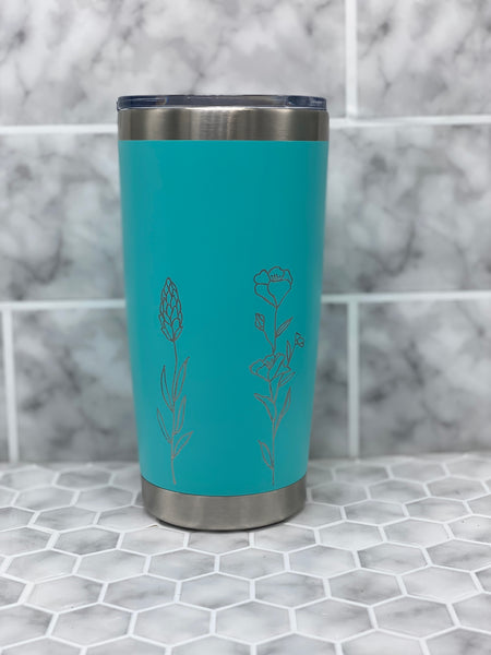 20 Ounce Beverage Tumbler with Hand Engraved Wrap Around Wildflower Images - multiple color options available