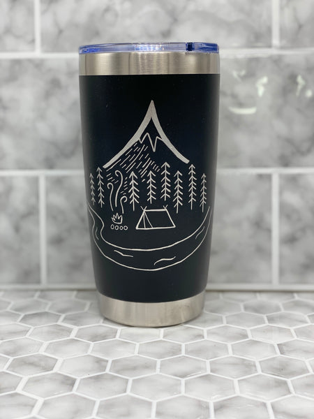 20 Ounce Beverage Tumbler with Hand Engraved Campsite Image - Multiple Color Options Available