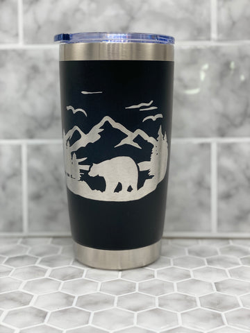 20 Ounce Black Beverage Tumbler with Hand Engraved Image of Mountain and Bear