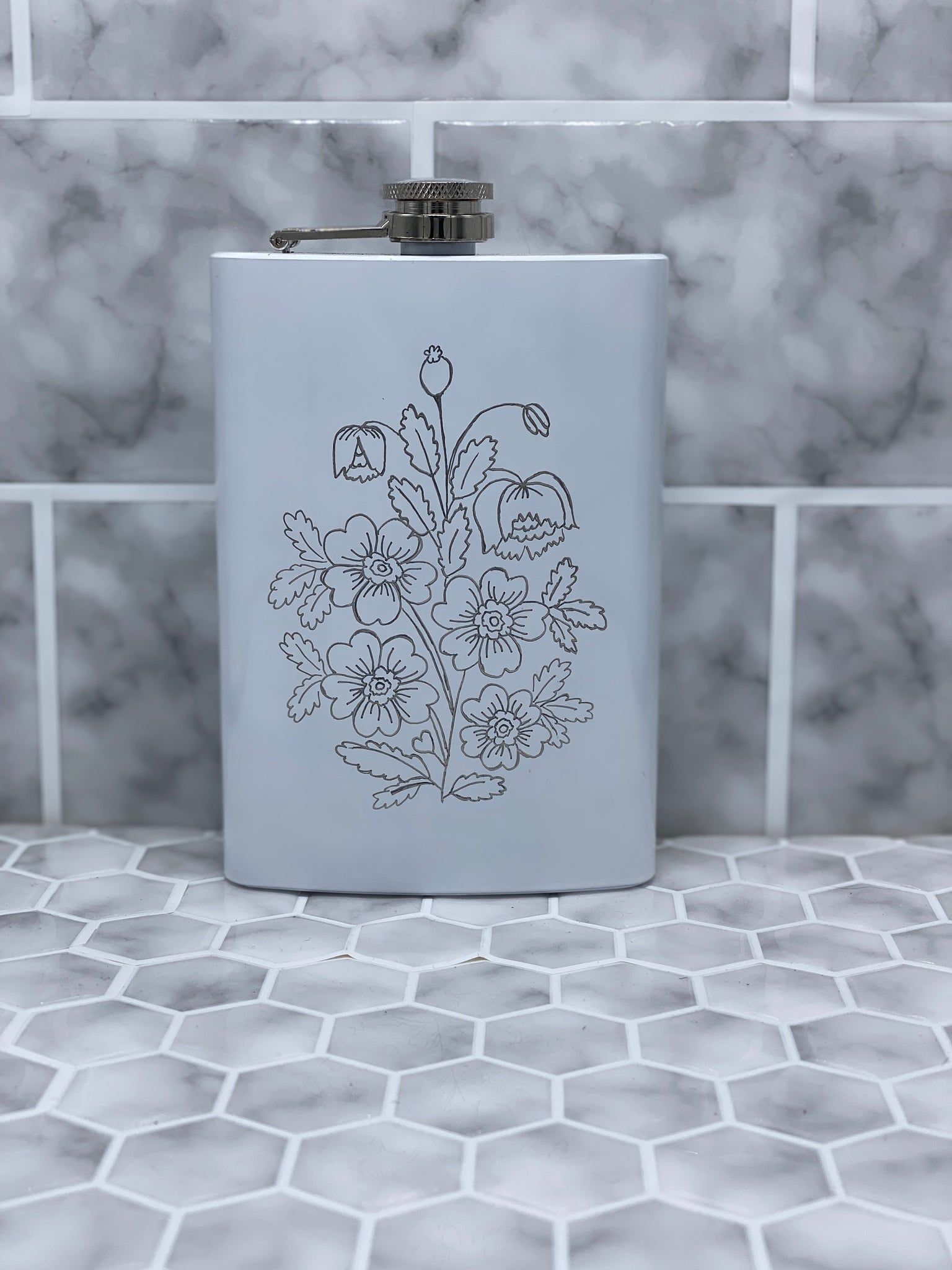 8 Ounce White Hip Flask with Hand Engraved Floral Folk Art Image