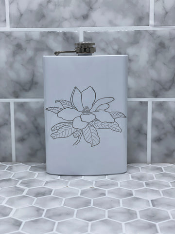 8 Ounce White Hip Flask with Hand Engraved Magnolia Image