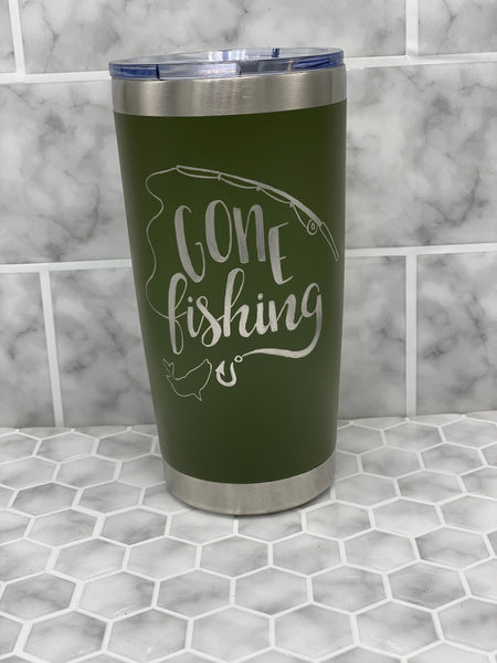 20 Ounce Beverage Tumbler with Hand Engraved Gone Fishing Image - Multiple Color Options Available