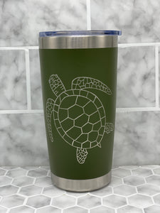 20 Ounce Beverage Tumbler with Hand Engraved Sea Turtle Image - multiple color options available