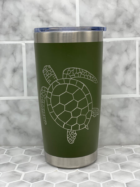 20 Ounce Beverage Tumbler with Hand Engraved Sea Turtle Image - multiple color options available