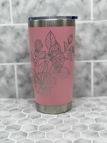 20 Ounce Pink Beverage Tumbler with Hand Engraved Hibiscus Image