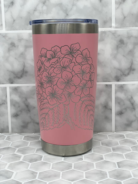 20 Ounce Beverage Tumbler with Hand Engraved Hydrangea Image - Multiple Color Options Available