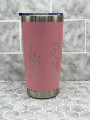 20 Ounce Beverage Tumbler with Hand Engraved Wrap Around Wildflower Images - multiple color options available