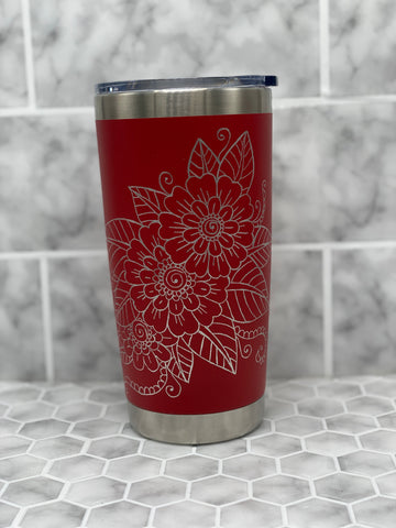 20 Ounce Red Beverage Tumbler with Hand Engraved Floral Mandala Image
