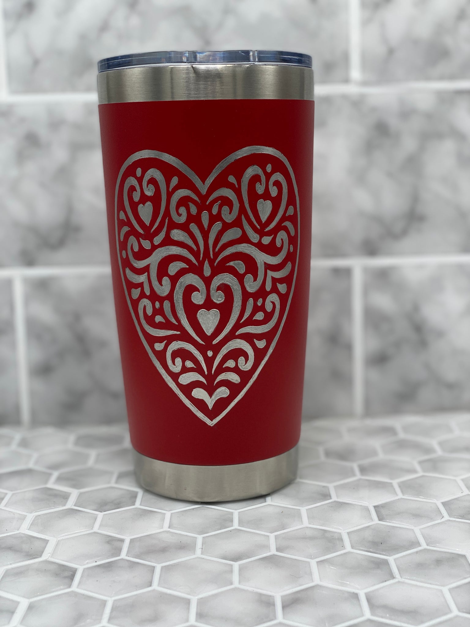 20 Ounce Red Beverage Tumbler with Hand Engraved Heart Folklore Image