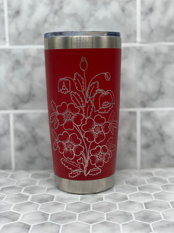 20 Ounce Red Beverage Tumbler with Hand Engraved Lily of the Valley Image