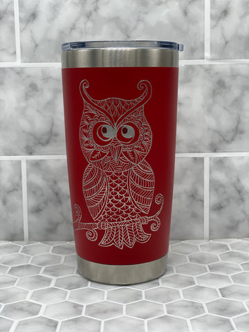 20 Ounce Red Beverage Tumbler with Hand Engraved Owl Doodle Image