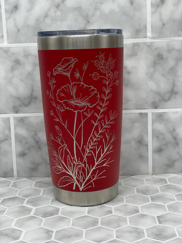 20 Ounce Red Beverage Tumbler with Hand Engraved Poppy Floral Image