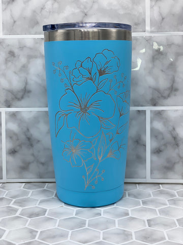 20 Ounce Sky Blue Beverage Tumbler with Hand Engraved Large Poppy Floral Image