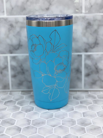 20 Ounce Sky Blue Beverage Tumbler with Hand Engraved Magnolia Image