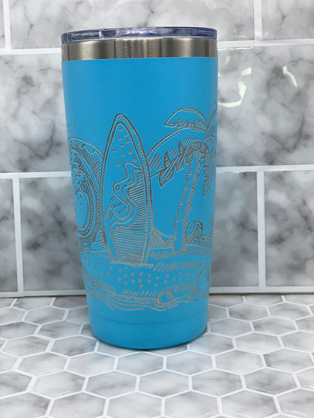 20 Ounce Beverage Tumbler with Hand Engraved Surf Scene Image - Multiple Color Options Available
