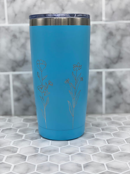 20 Ounce Beverage Tumbler with Hand Engraved Wrap Around Wildflower Images - multiple color options available