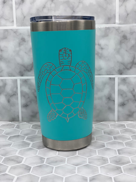 20 Ounce Beverage Tumbler with Hand Engraved Sea Turtle Image - multiple color options available
