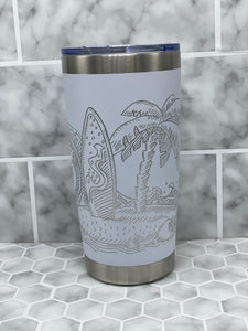 20 Ounce Beverage Tumbler with Hand Engraved Surf Scene Image - Multiple Color Options Available