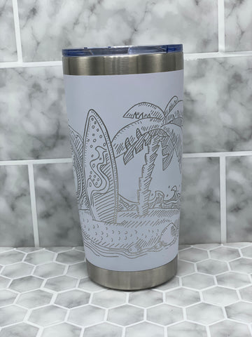 20 Ounce Beverage Tumbler with Hand Engraved Surf Scene Image - Multiple Color Options Available