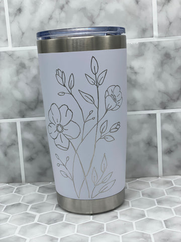 Copy of 20 Ounce White Beverage Tumbler with Hand Engraved Wildflower Image